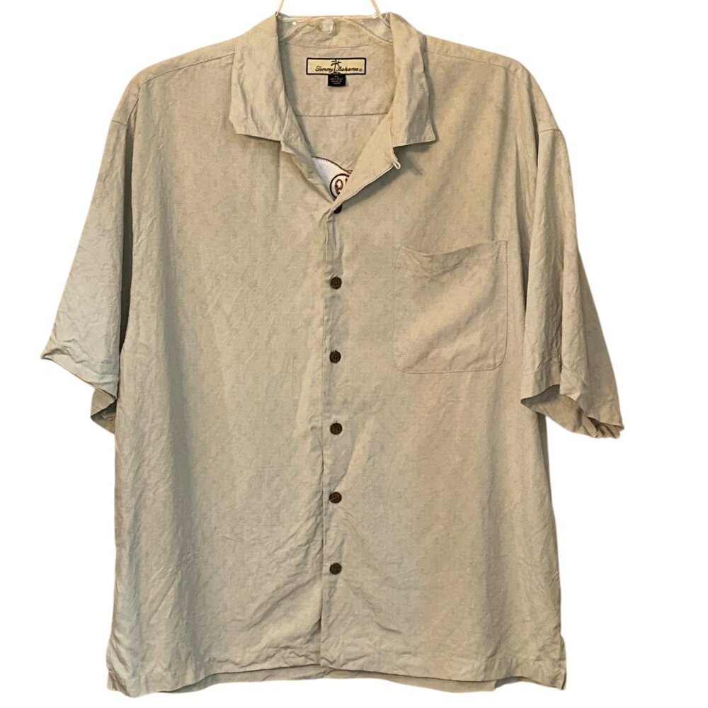 Tommy Bahama Short Sleeve Silk Button Up Shirt Tan Vacation Summer Golf XL